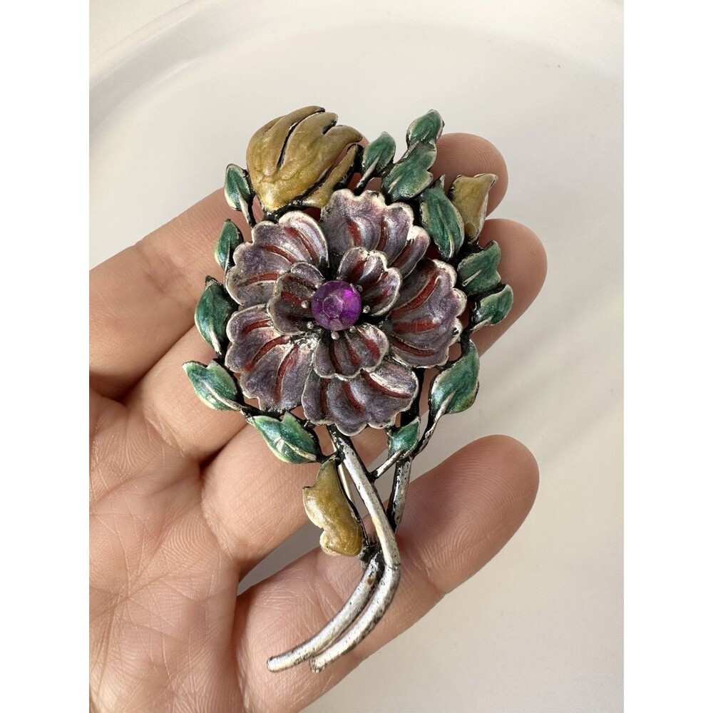 Vintage Enamel Flower Brooch Silver Tone - Picture 1 of 4